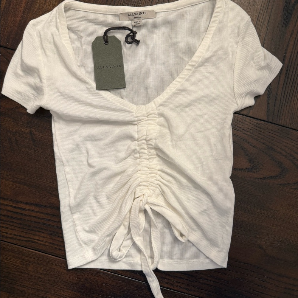 All Saints Cream Ruched Short Sleeve Top